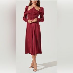 CINCHED HALTER TIE SATIN MIDI DRESS